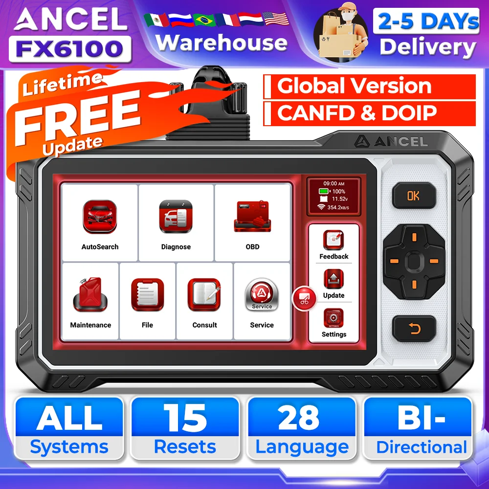 Ancel fx6100 scanner automotivo ferramentas de diagnóstico de carro com mais de 15 scanner de controle bidirecional de reinicialização pode fd atualizações gratuitas à vida