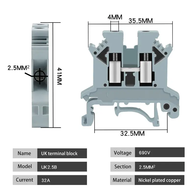 10/100pcs 7 Colors DIN Rail UK2.5B Terminal Block Clamp Connector 800V 32A UK-2.5N 2.5mm Square Universal Screw Connectors - Image 2