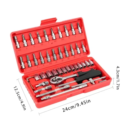 Conjunto de reparo de soquete montado em veículo, 46 peças, manutenção automática, ferramentas familiares, venda de fábrica, combinação de chave de catraca, caixa de ferramentas