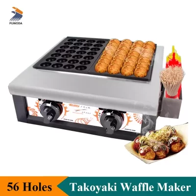 Máquina de fazer takoyaki de placa dupla, aço inoxidável, 56 buracos, bolas de waffle, revestimento antiaderente, 40mm, fabricante de bolas takoyaki