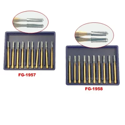10 pçs/caixa brocas de carboneto dental aço tungstênio coroa corte broca para handpiece alta velocidade FG-1957/FG-1958