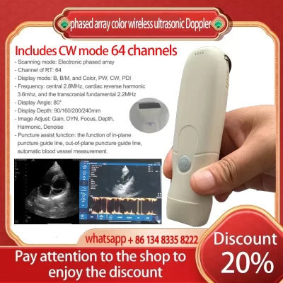 Cor sem fio ultra-som Doppler, Phased Array Probe, sonda cardíaca, modo CW, suporte iOS Android Windows, mala de cortesia