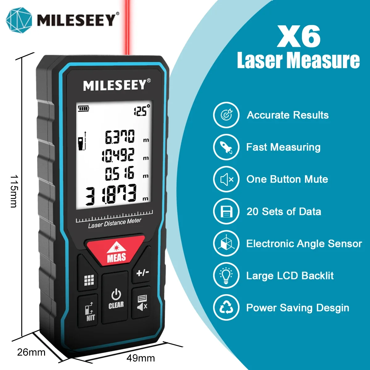 MILESEEY X6 Fita métrica laser 40M 60M 80M 100M, telêmetro profissional com display de ângulo para DIY, decoração, construção