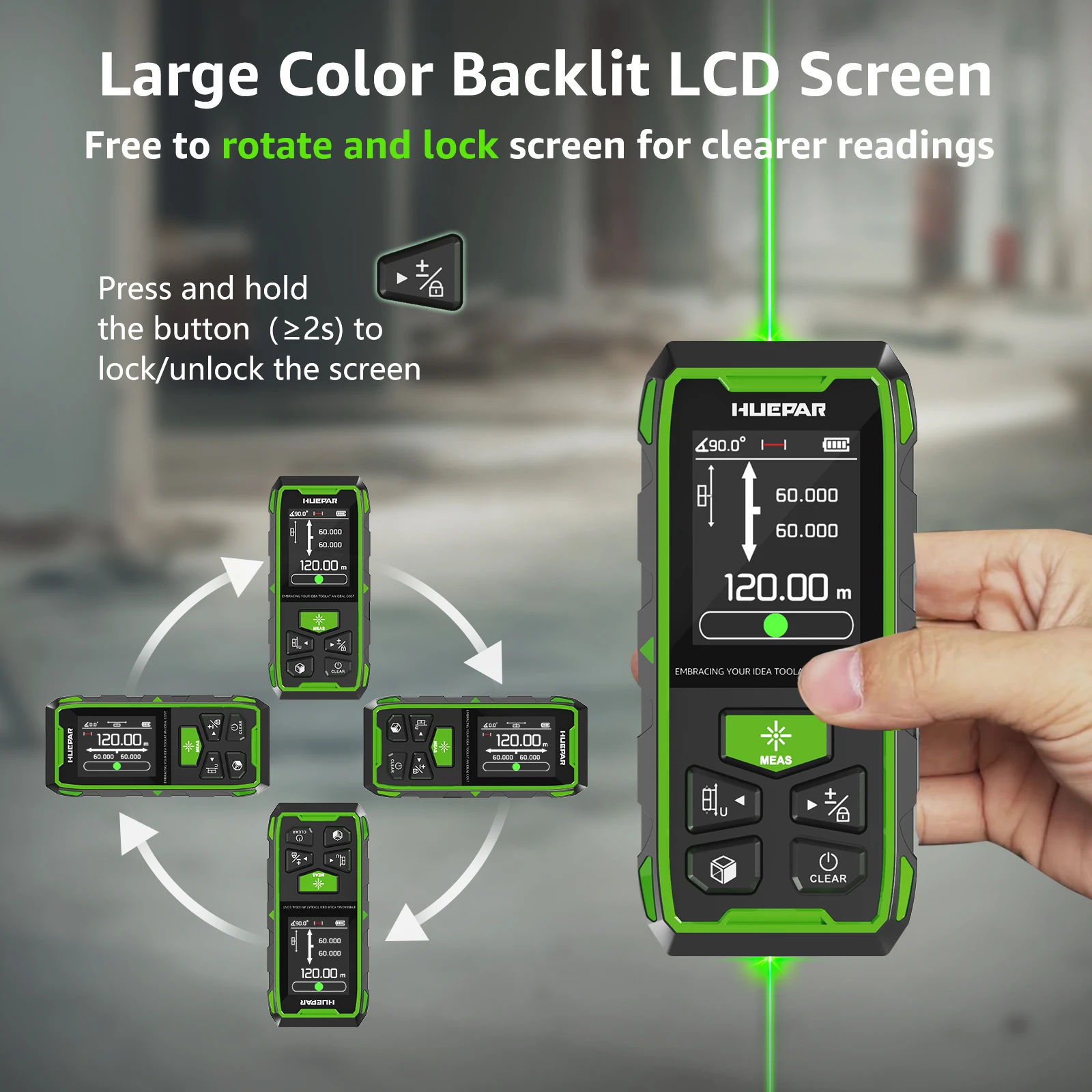 Huepar telêmetro laser duplo medidor de laser de feixe verde 120m/200m ferramenta de medição de unidades múltiplas com display lcd retroiluminado e usb - Image 3