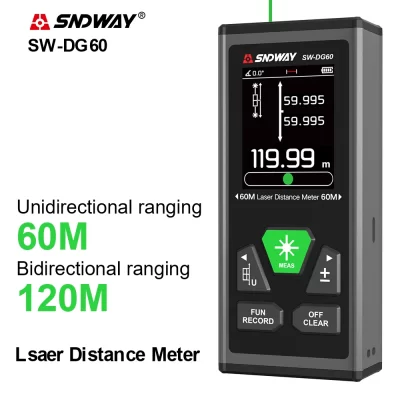 SNDWAY-medidor de distância a laser duplo, telêmetro laser bilateral recarregável, fita métrica digital, ângulo SW-DR100, 60m, 100m