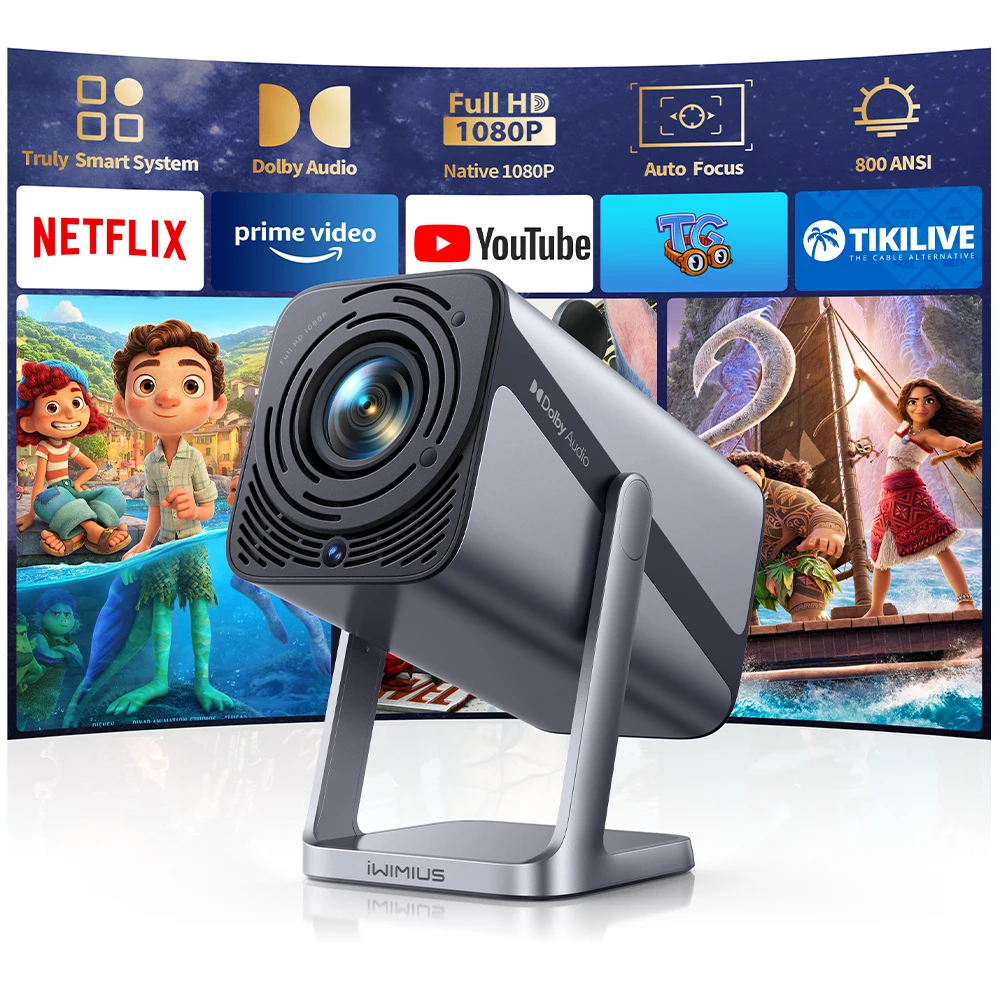Projetor IWIMIUS 4k Oficial Netflix 800ANSI Foco Automático/Keystone FHD 1080p WIFI 6 Bluetooth5.2 Dolby 360 ° Gire home theater