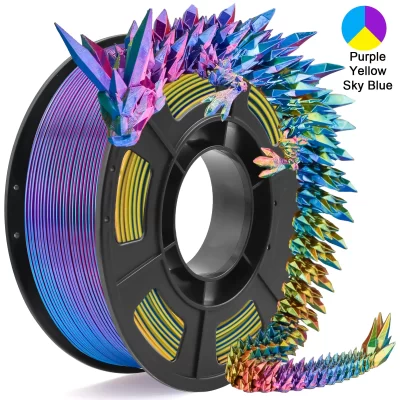 Filamento de impressora 3D PLA de seda tricolor, filamento de impressão 3D multicolorido de 1,75 mm, filamento roxo e azul celeste e amarelo, 250g (0,55 libras)