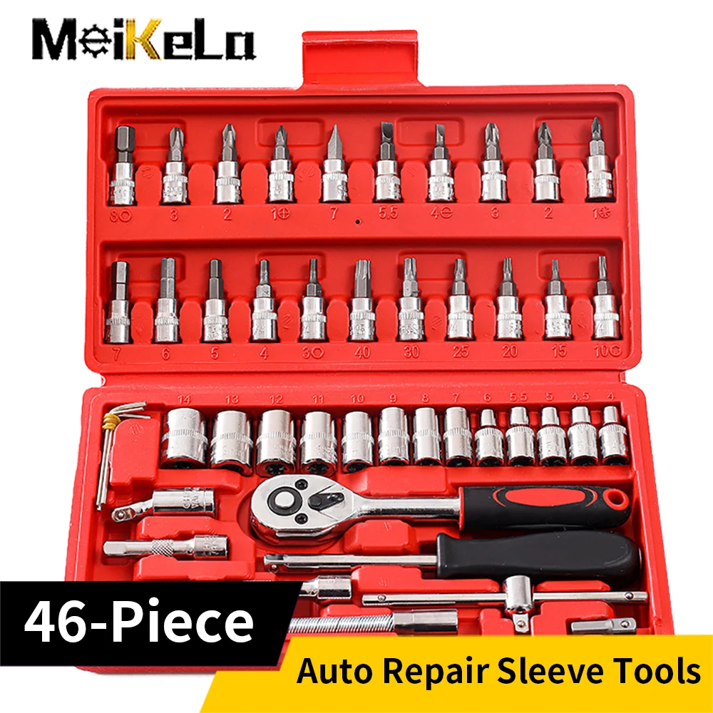 Meikela-Car Repair Tool Set, 1,4-Inch Socket Set, Chave de Torque Ratchet, Kit Ferramentas Combo, Auto Reparação, 46Pcs