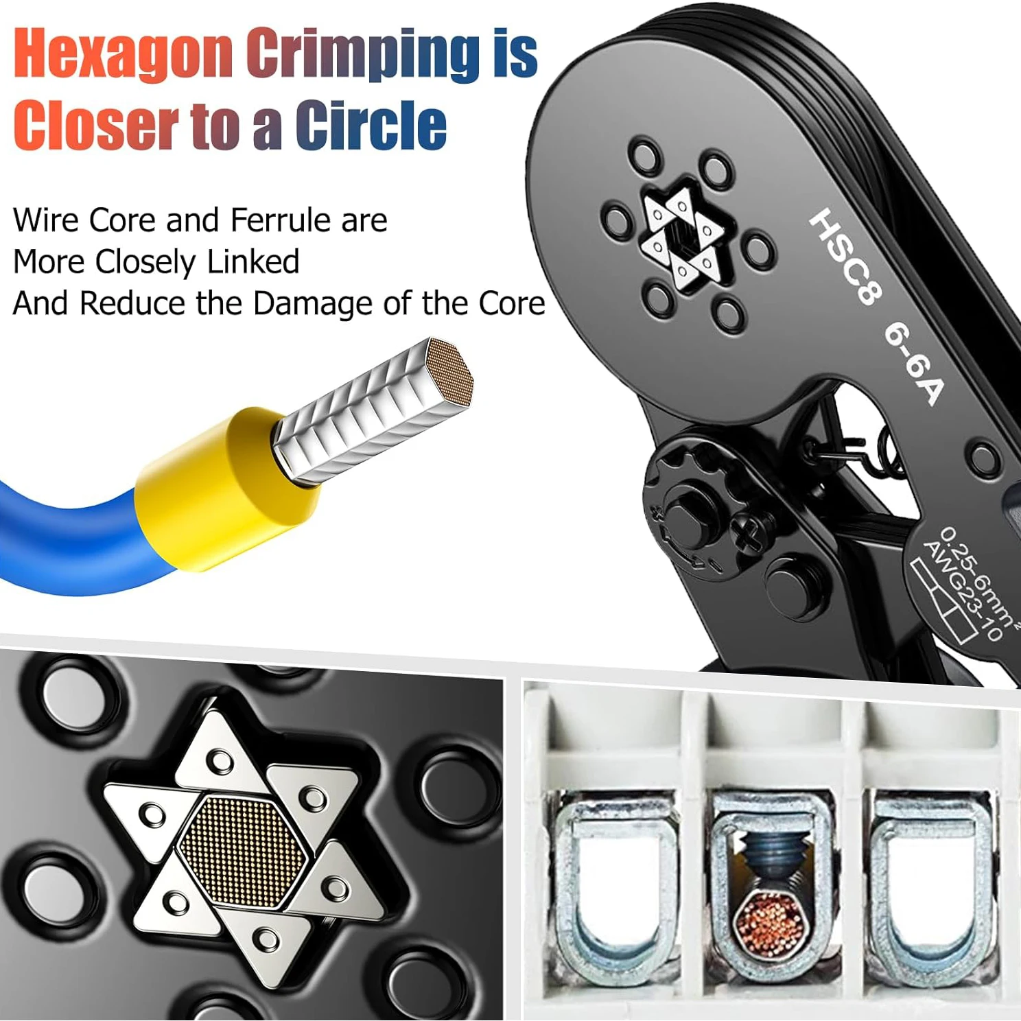 Hexagonal Auto-Ajustável Ratchet Virola Crimping Tool Kit, Crimper Kit com Mangas Virola, Terminais de Fio, 23-7AWG, 0.25-10 mm2 - Image 2