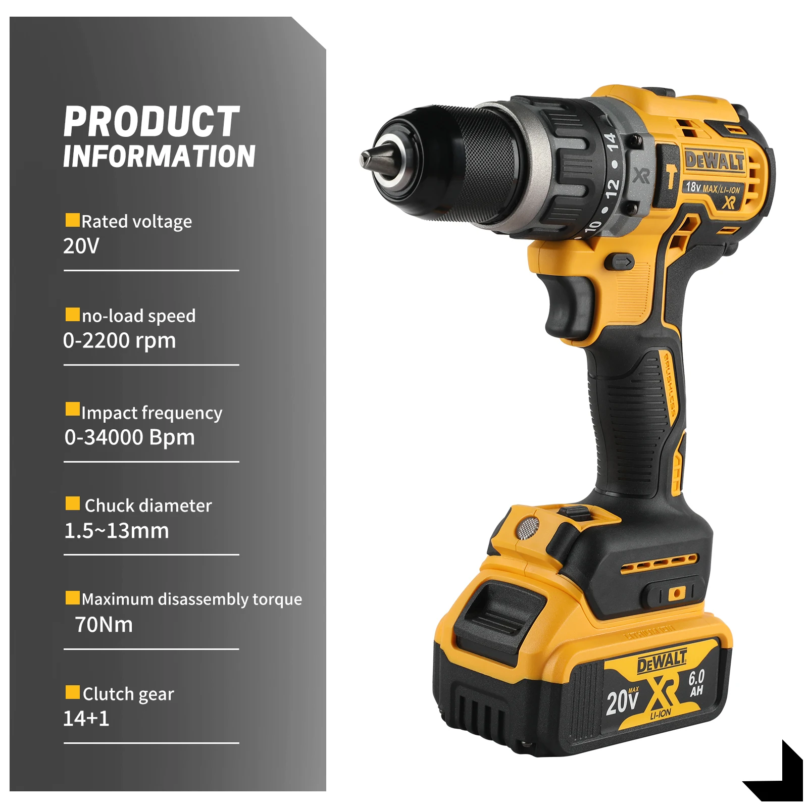 Broca DeWALT DCD796: 20V, motor sem escova, torque de 70Nm, 14 + 1 engrenagens de embreagem, 0-2200rpm e design ergonômico para uso preciso e confortável - Image 2