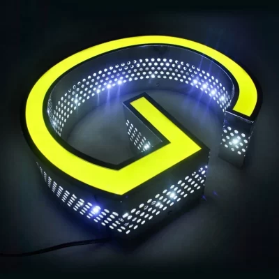 Logotipo LED retroiluminado de metal externo personalizado 3D com letras perfuradas lateralmente Iluminação de sinal comercial da empresa
