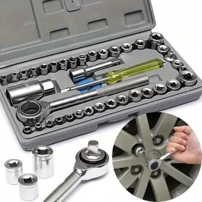 Conjunto de chave de soquete de 40 peças, aço cromo vanádio durável, caixa de ferramentas portátil para reparo e manutenção de veículos domésticos, emergência v