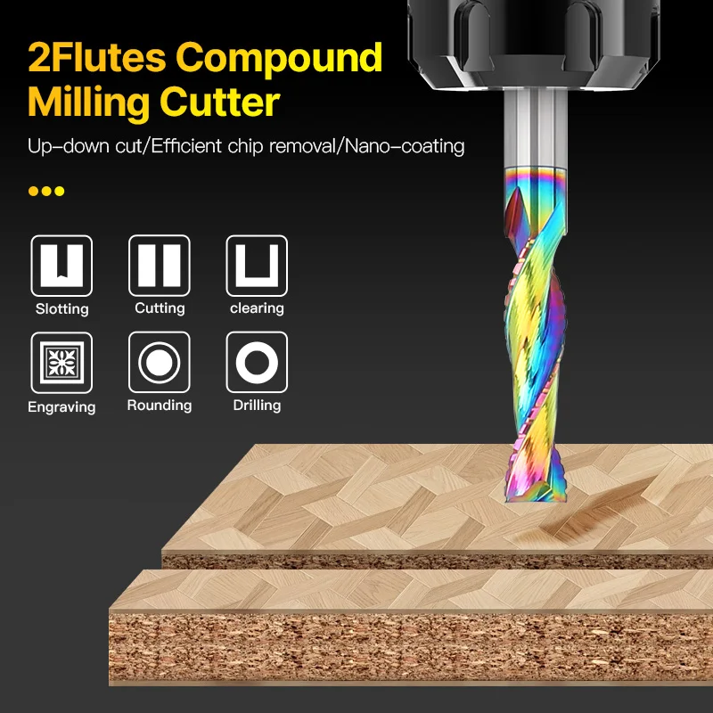 HUHAO Fresa Composta para Madeira 2 Flauta Espiral Carbide Chip End Mill DLC Revestimento CNC Router Bit Cutter Aglomerado Acrílico - Image 2