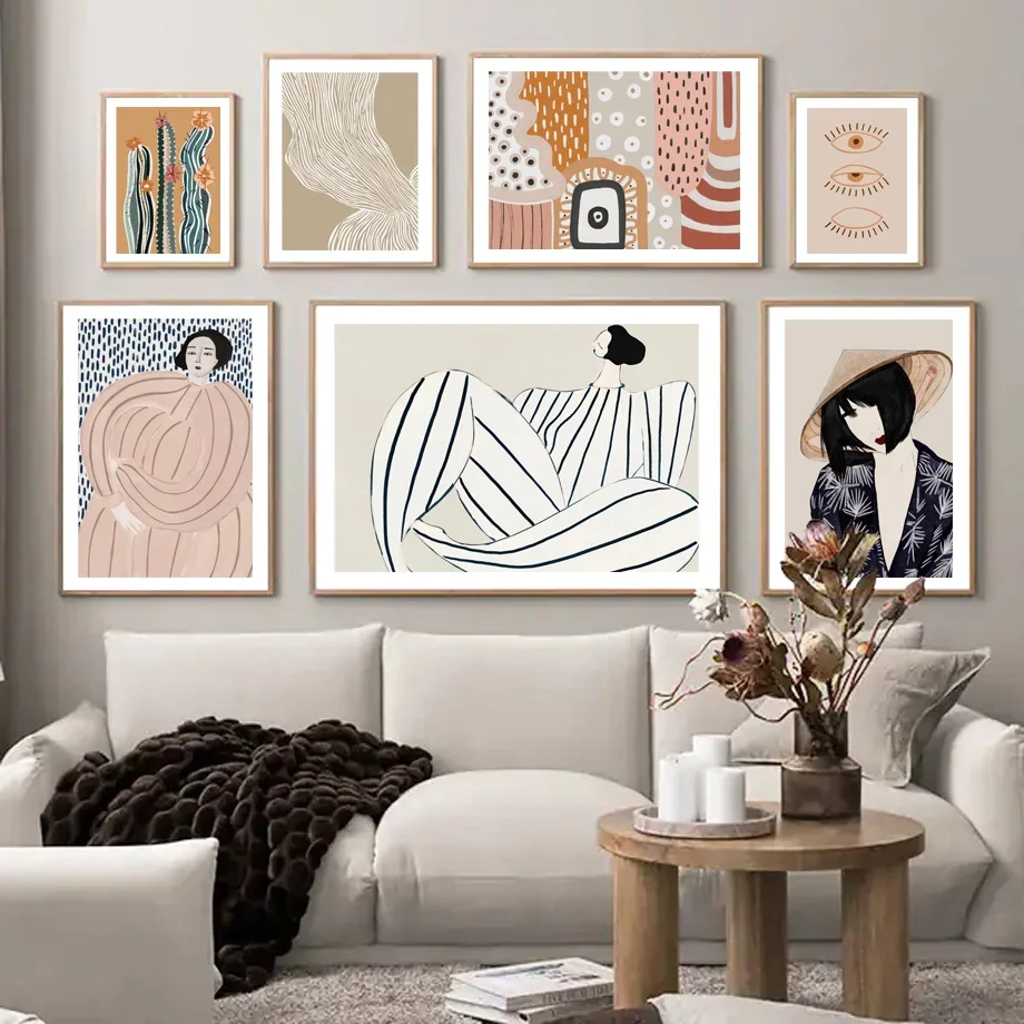 Arte da parede impressão pintura em tela cartaz nórdico japão linhas abstratas menina geometria curva cactus fotos para sala de estar decoração