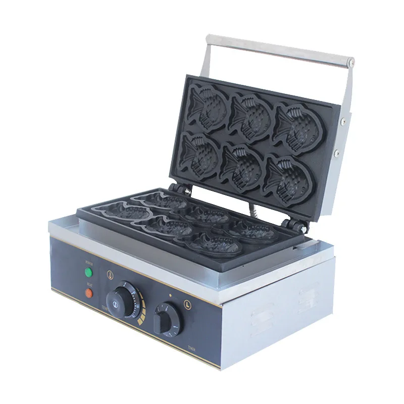 Taiyaki-Revestimento antiaderente em forma de peixe Bakeware, máquina de lanche comercial, fabricante de waffles, 1500W, 6 pcs - Image 2