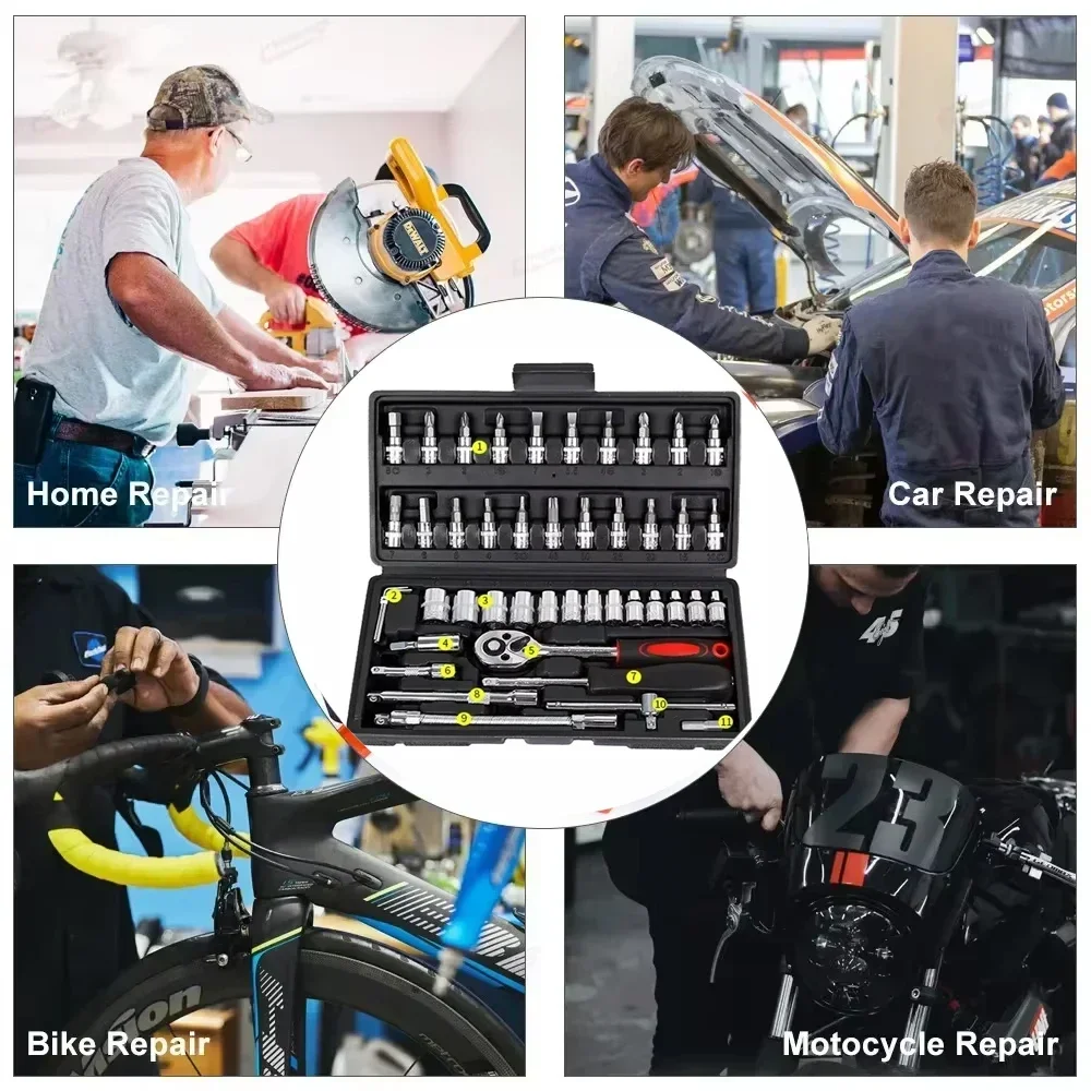 Conjunto completo de chave de catraca para motocicleta, 46 peças, 1/4 unidades, kit completo de reparo de carro para ferramentas de manutenção de automóveis e bicicletas amagi - Image 4