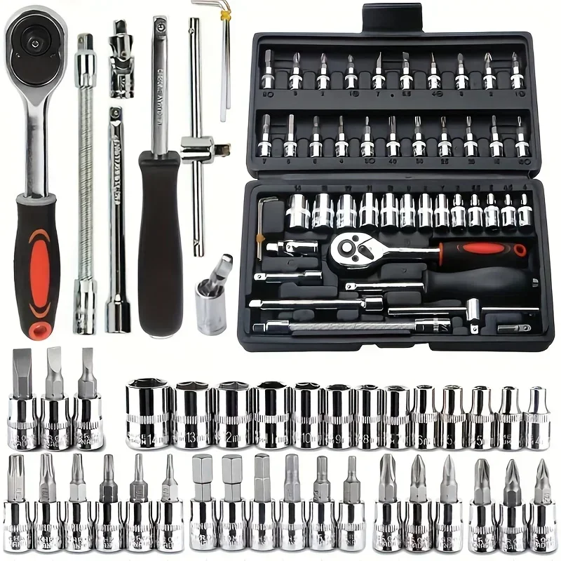 Conjunto completo de chave de catraca para motocicleta, 46 peças, 1/4 unidades, kit completo de reparo de carro para ferramentas de manutenção de automóveis e bicicletas amagi