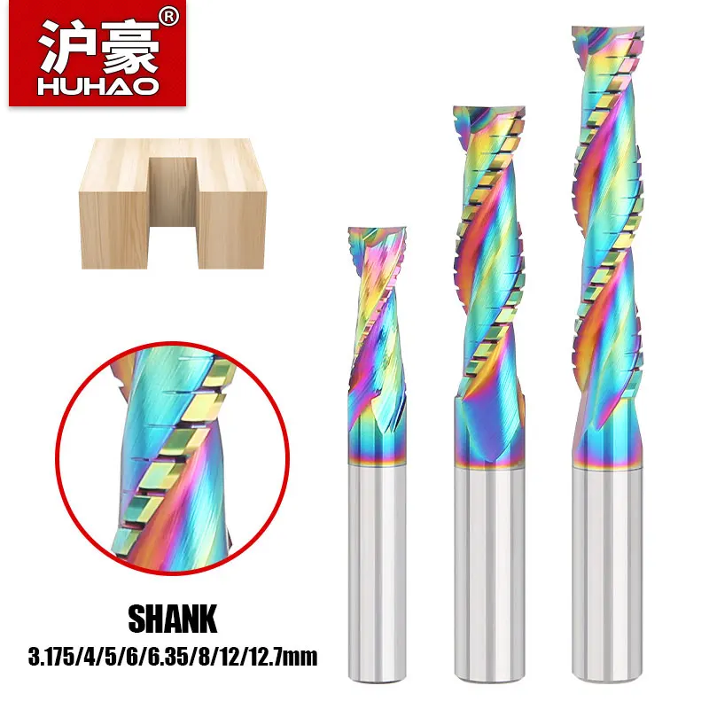 HUHAO Fresa Composta para Madeira 2 Flauta Espiral Carbide Chip End Mill DLC Revestimento CNC Router Bit Cutter Aglomerado Acrílico
