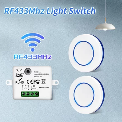 Interruptor de luz sem fio rf 433mhz ac 100-240v receptor de relé mini interruptor de botão redondo controle remoto para casa lâmpada led 10a