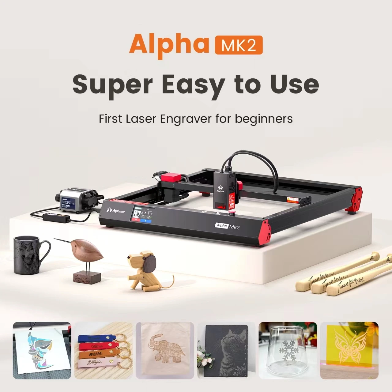AlgoLaser Alpha 22W Máquina de corte a laser empresarial 3,5 "Tela sensível ao toque APP Controle offline, ferramenta de gravação DIY para metal/vidro/madeira