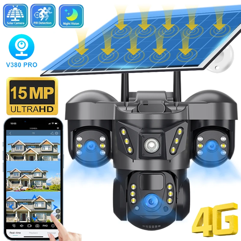 15mp três lentes solar 4g ptz câmera ao ar livre pir detecção humana ip66 à prova dip66 água câmeras de segurança ip vigilância da bateria