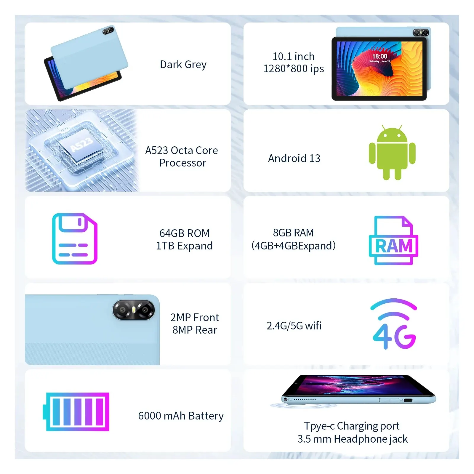 PRITOM TOUCH 10 Plus 10 Inch Android 13 Tablet, 8(4+4)GB+64GB 1TB Expand, WiFi 6, Dual Box Speakers, BT5.0, Google GMS, 2.0GHz - Image 2