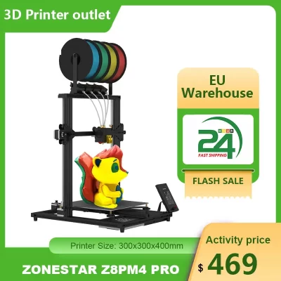 ZONESTAR Z8PM4 PRO FDM Impressora 3D 4-IN-1-OUT Toda a extrusora de metal Mix Impressão a cores com 4,3 ''TFT-LCD 300x300x400mm Área de construção