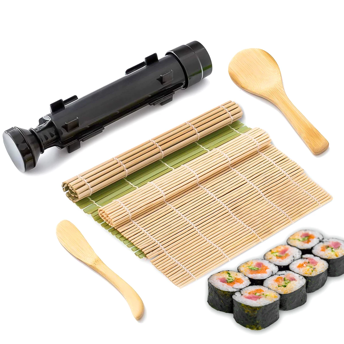 Conjunto de fabricante de sushi, kit de sushi bazooka, molde de arroz com esteira de rolamento de sushi de bambu, remo de arroz, acessórios de ferramentas de cozinha diy
