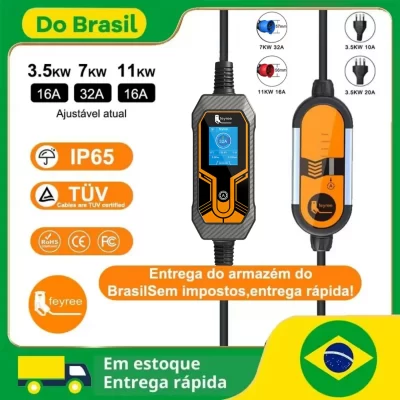 Feyree 32A 7KW Type2 EV Carregador Portátil 11KW 16A 3 Fase 5M Cabo EVSE Caixa de Carregamento Carregador de Carro Plugue CEE para Veículo Elétrico