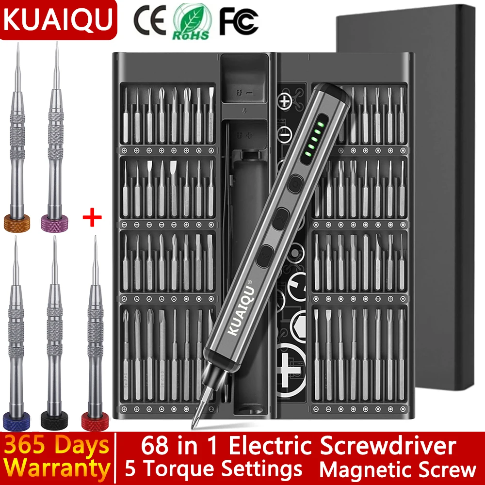 Conjunto de chave de fenda elétrica KUAIQU 68 em 1, 5 configurações de torque, ferramenta elétrica de precisão, pontas de chave de fenda magnética para reparo móvel