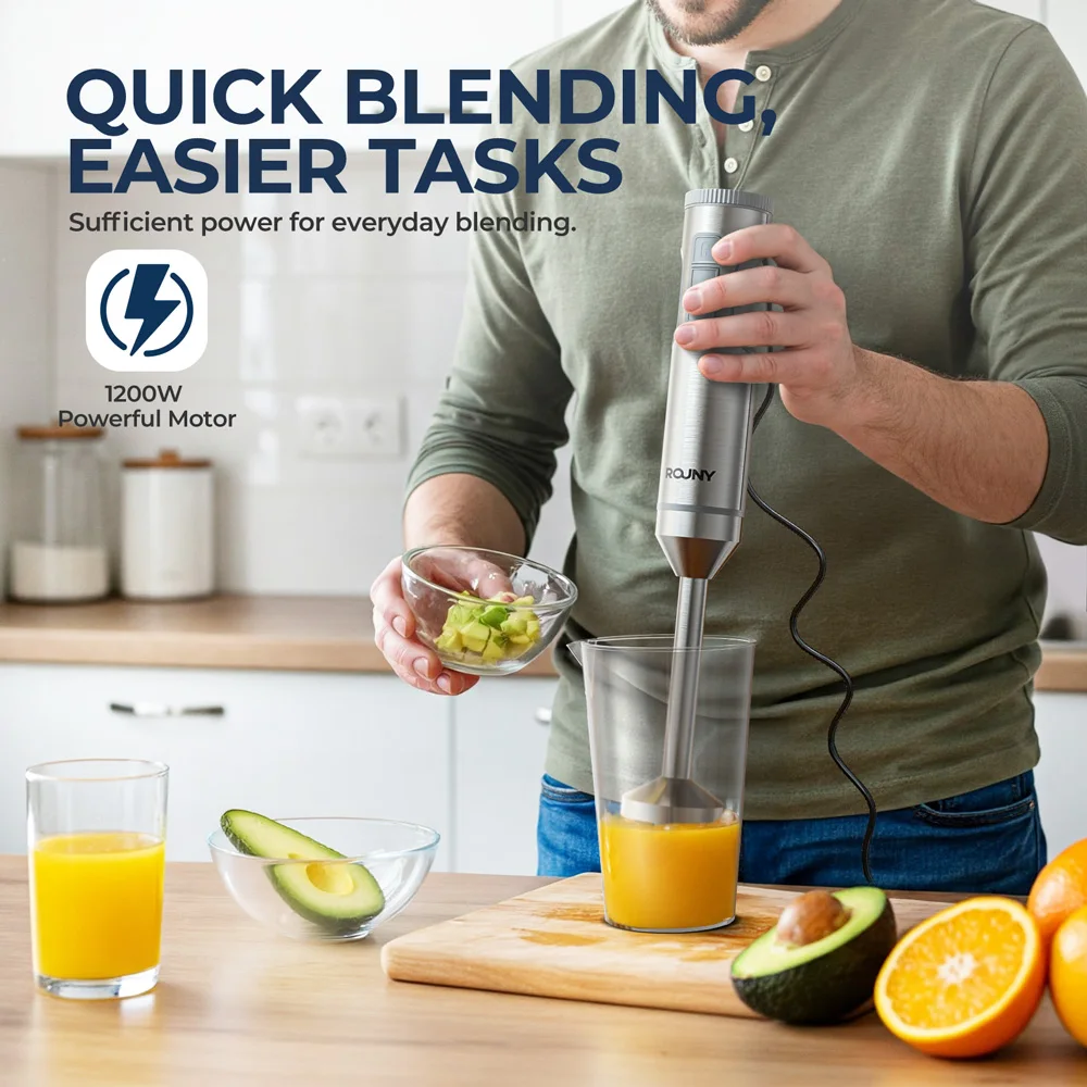 Liquidificador de imersão manual ROUNY 4 em 1, 1000 W, poderoso misturador de alimentos em bastão de aço inoxidável, copo de mistura de 700 ml, processador de 500 ml, batedor - Image 2