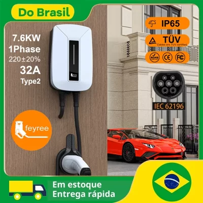 Feyree EVSE Wallbox EV Charger Type2 32A 7KW 1 Fase IEC62196-2 Plug Estação de carregamento de veículo elétrico Carregador de carro Cabo de 5m