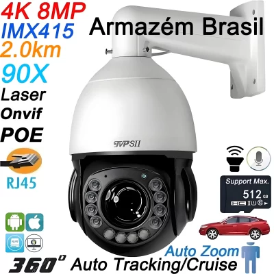 Metal Onvif Laser Infrared Auto Tracking Cruise 8MP 4K 90X Optical Zoom 360° Audio POE PTZ Surveillance Speed Dome IP Camera