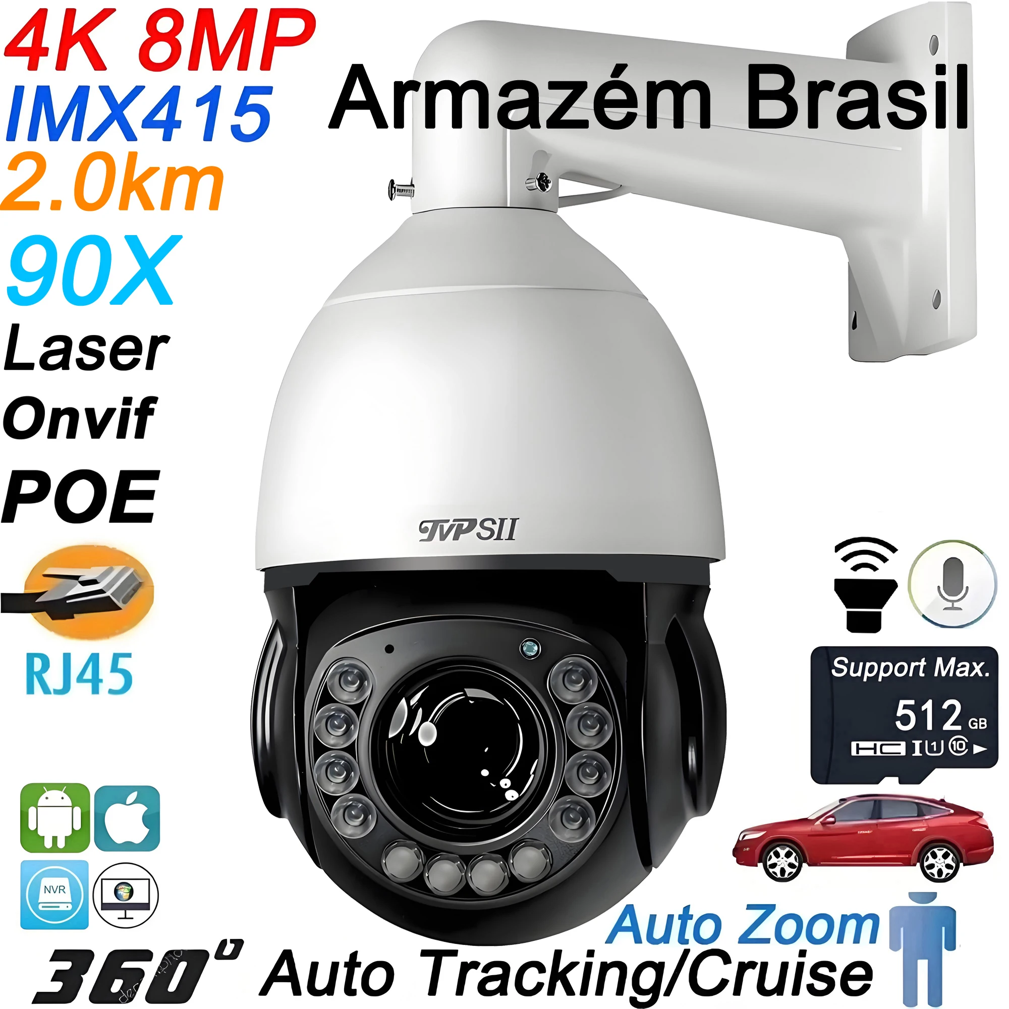 Metal Onvif Laser Infrared Auto Tracking Cruise 8MP 4K 90X Optical Zoom 360° Audio POE PTZ Surveillance Speed Dome IP Camera