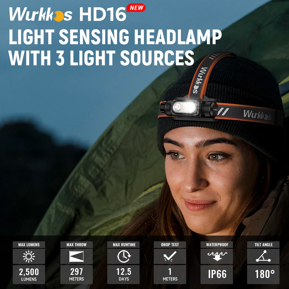 Wurkkos HD16 2500LM USB-C farol recarregável com luz vermelha e brilho automático Lanterna máxima de 297M para camping - Image 2