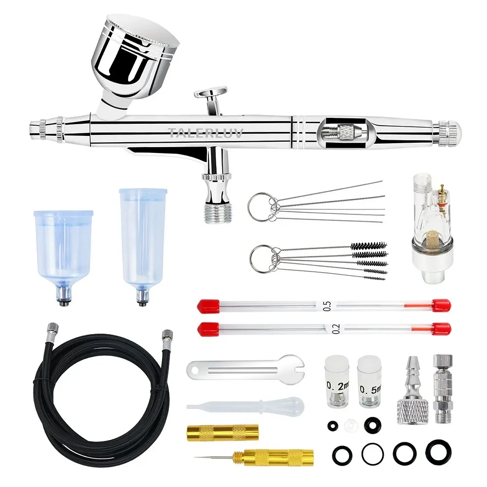 Kit de aerógrafo pistola de pulverização de aerógrafo de gravidade de dupla ação com conjunto de agulhas de 0,2 / 0,3 / 0,5 mm 7cc / 20cc / 40cc copo mangueira de ar e kit de limpeza