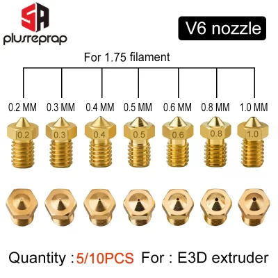 Bico rosqueado de latão e3dv6, 5 ou 10 peças 0.2 0.3 0.4 0.5 0.6 0.8 1.0mm para extrusora v5 v6 anycubic i3 mega chiron kobra hotend