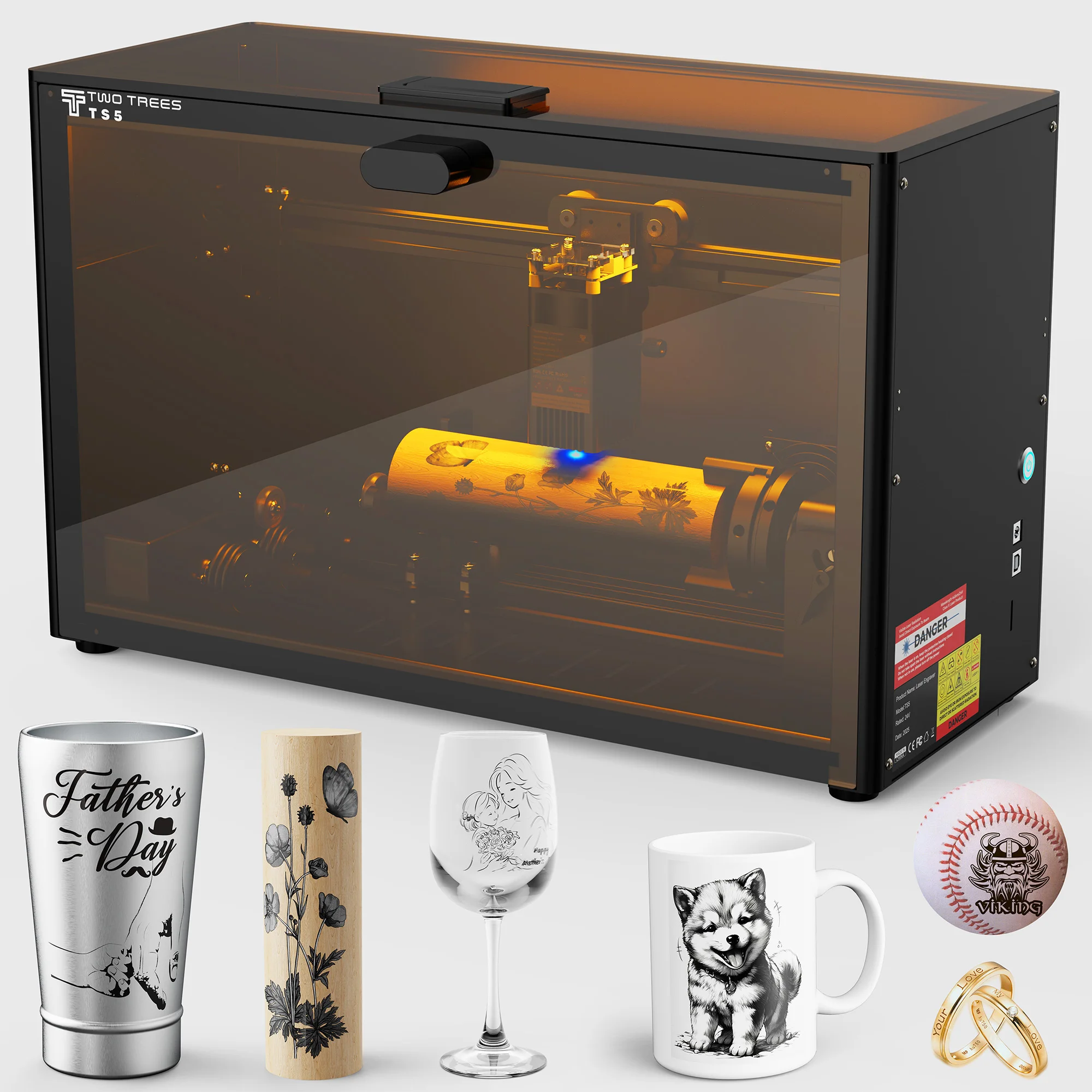 Máquina de gravação a laser Twotrees TS5-7W, com tambor giratório, máquina de gravação CNC, corte de metal, corte de madeira