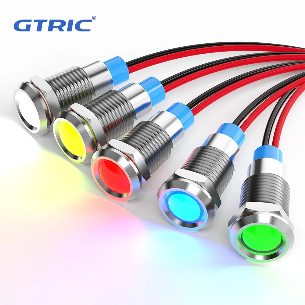 Gtric led luz indicadora de metal 5 peças lâmpada de sinal interruptor de fios piloto 6/12/24/36/110/220v fio conectar vermelho amarelo azul verde branco