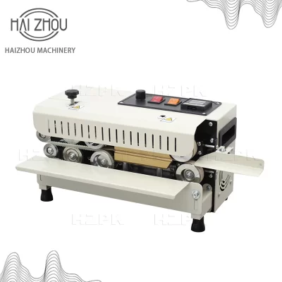 Haizhou mini máquina de selagem de banda contínua para impressão de data e codificação de saco plástico mesa tamanho pequeno FR-400