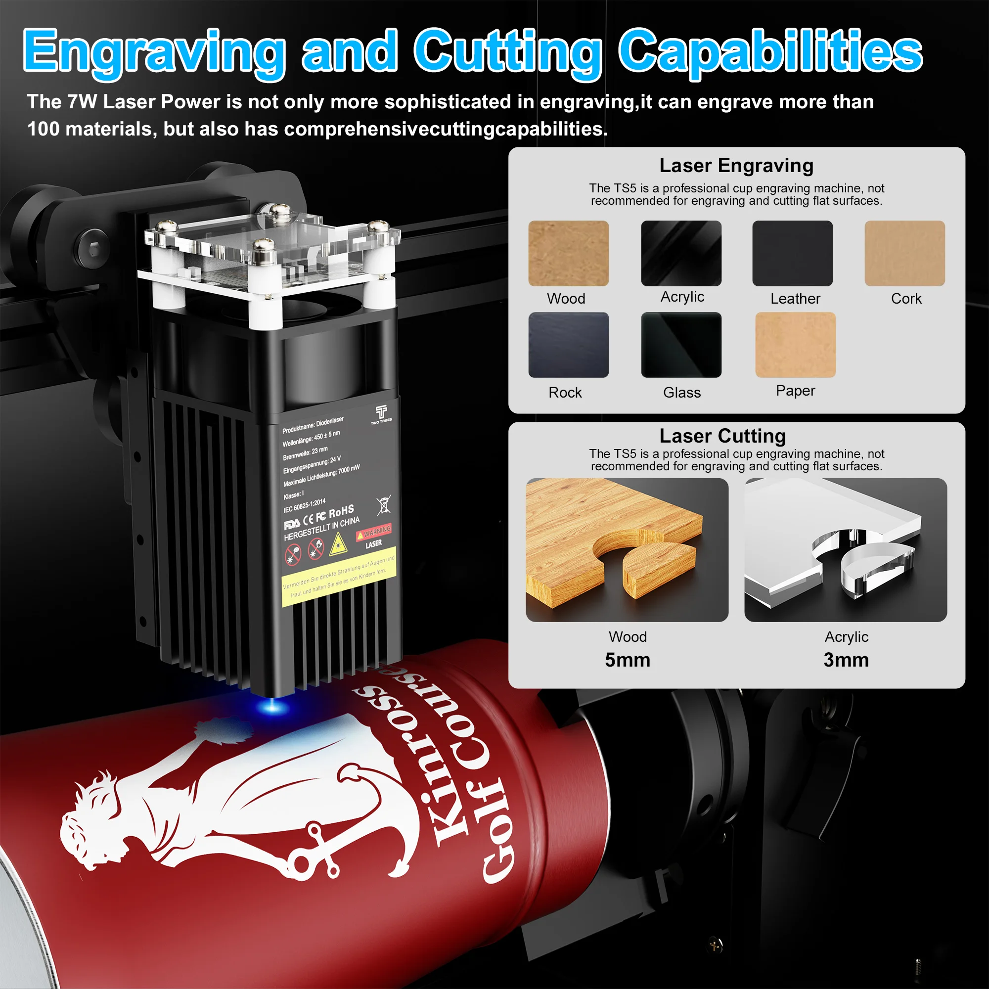 Twotrees ts5 7w máquina de gravação a laser com rolo rotativo para gravador a laser para copos de água, artesanato curvo, garrafas de vinho - Image 4