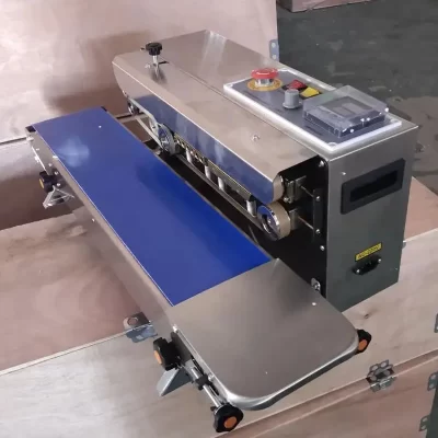 Máquina de vedação contínua de embalagens de alimentos, equipamento adicional automático, data de impressão, vedante de aço inoxidável