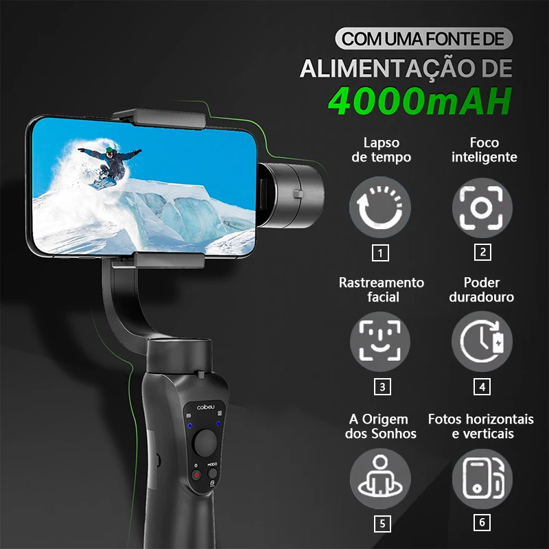 Estabilizador de Gimbal para Fotografia de Smartphone, Antivibração de 3 eixos, tripé Universal Recarregável Portátil