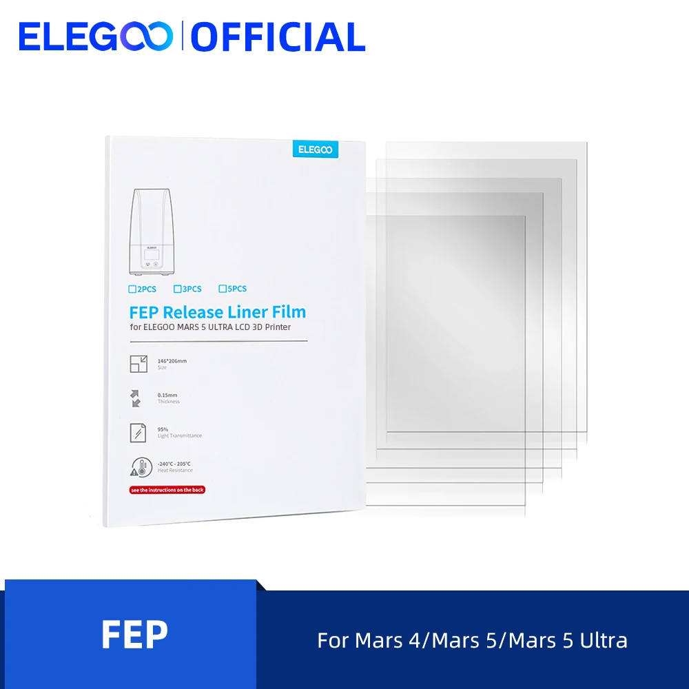 ELEGOO 5 PCS Filme de Liberação FEP para MARS 5 e MARS 5 Ultra LCD Impressora 3D com 95% de Transmitância de Luz, 206*146mm, 0.15mm de Espessura