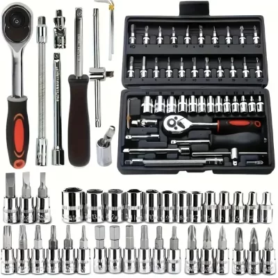Caixa de ferramentas de chave de catraca combinada de reparo de automóveis de 46 peças, kit de ferramentas de conjunto de reparo de soquete montado em veículo de manutenção automática