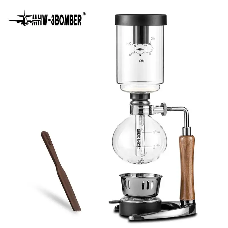 Máquina de café sifão MHW-3BOMBER com alça de madeira, panela a vácuo, máquina de sifão japonesa, cafeteira de gotejamento de vidro de 1-3 copos