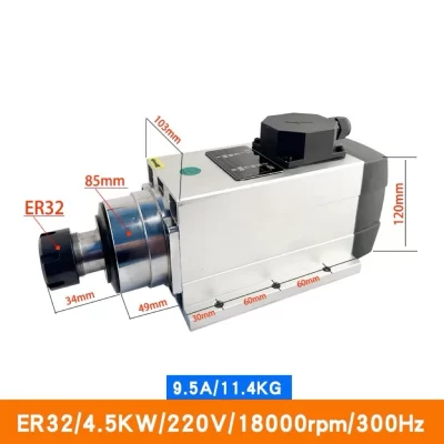 Venda quente 4.5kw cnc motor de eixo refrigerado a ar 220v 380v 18000rpm 300hz 18a/12a er32 1-20mm eixo 2.87nm