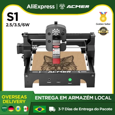 ACMER S1 Mini 2.5/3.5/6W Máquina de gravação e corte a laser de alta precisão portátil CNC Ferramentas para trabalhar madeira para madeira compensada acrílica