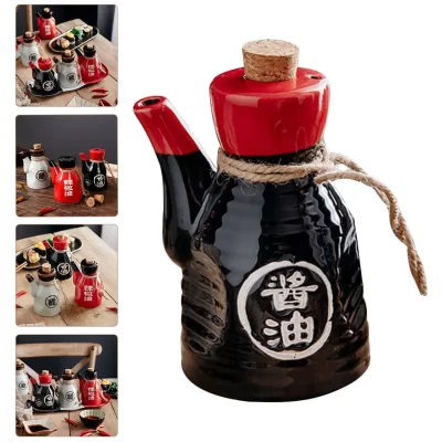 Garrafa de molho de soja preta, dispensador de condimentos de cerâmica, estilo japonês, pote de óleo, tempero, recipiente de cozinha, bar de jantar