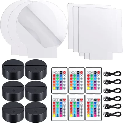 6 conjuntos de lâmpada noturna led 3d diy, incluindo 6 suportes de exibição de luz e folhas acrílicas transparentes com controle remoto e cabos usb para quarto